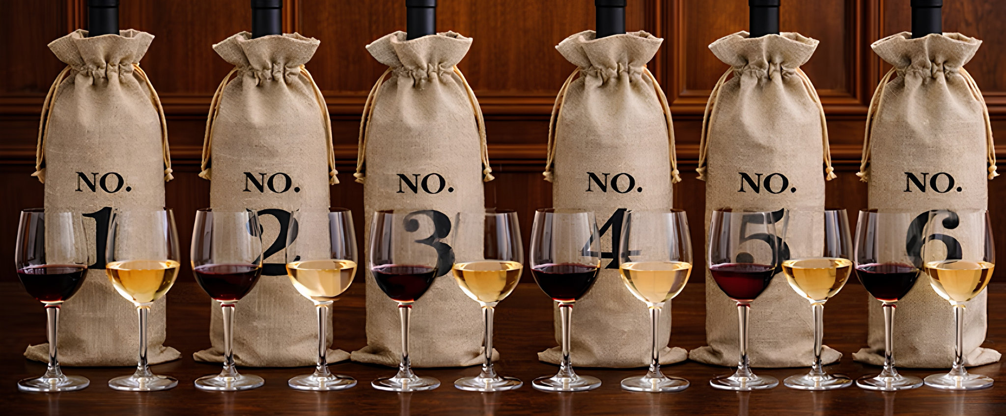 Six numbered hessian wine bags concealing bottles, each paired with a red and white wine glass, arranged in a row on a wooden surface to illustrate the blind tasting format for the Judgement of Paris fifty-plus event.